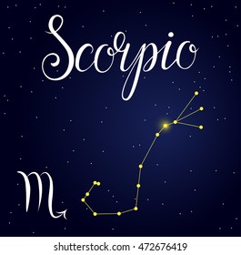 Vector hand drawn illustration of Scorpio with lettering Astrology latin names, Horoscope Constellation and Zodiac sign on space background. Calligraphic inscription.