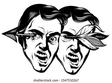 Vector hand drawn illustration of screaming men with arrow  . Creative tattoo artwork. Template for card, poster, banner, print for t-shirt, pin, badge, patch.