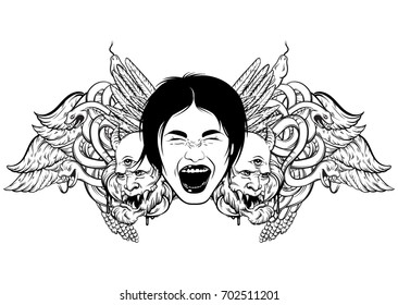 Vector hand drawn illustration of screaming girl. Emotional realistic portrait with faces, snakes and wings. Template for card, poster, banner, print for t-shirt.
