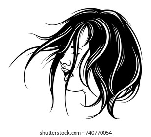 Vector hand drawn illustration of screaming girl. Emotional realistic portrait of shaggy girl. Template for card, poster, banner, print for t-shirt.