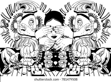 Vector hand drawn illustration  with screaming girl, tentacles, roses, Venus flytrap. Tattoo surrealistic artwork. Template for card, poster, banner, print for t-shirt, textiles, label, coloring book.