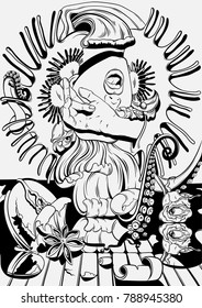 Vector hand drawn illustration  with screaming girl, tentacles, roses, Venus flytrap. Tattoo surrealistic artwork. Template for card, poster, banner, print for t-shirt, textiles, label, coloring book.