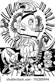 Vector hand drawn illustration  with screaming girl, tentacles, roses, Venus flytrap. Tattoo surrealistic artwork. Template for card, poster, banner, print for t-shirt, textiles, label, coloring book.