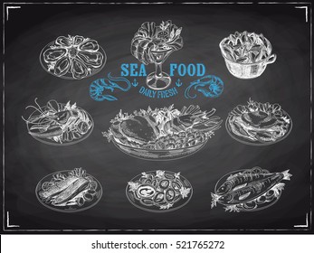 Vector hand drawn illustration with seafood. Sketch. Mediterranean cuisine. Lobster, oysters, shrimp, fish, mussels, crab, cancer, squid rings. Chalkboard