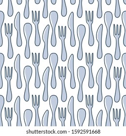 Vector hand drawn illustration seamless pattern background with table set kitchen utensils: fork, knife, spoon set. Wrapping, textile, wallpaper texture.