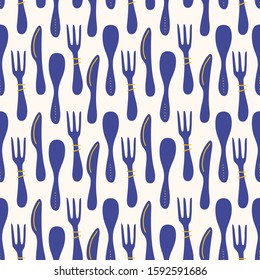 Vector hand drawn illustration seamless pattern background with table set kitchen utensils: fork, knife, spoon set. Wrapping, textile, wallpaper texture.