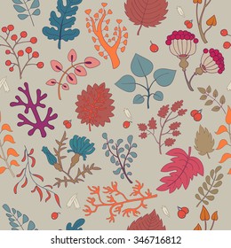 vector hand drawn illustration, seamless pattern with plants and leaves, autumn background. good for print