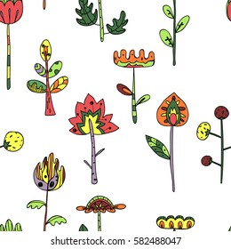 Vector hand drawn illustration. Seamless pattern. Primitive colorful flowers