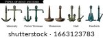 Vector hand drawn illustration set of different realistic types of anchors. Admiralty pattern, Porter - Trotman, Mushroom anchor, Hall and Danforth.
