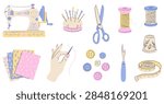 Vector hand drawn illustration set. Sewing hobby supplies. Cute craft tools.