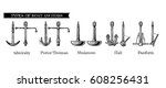 Vector hand drawn illustration set of different realistic types of anchors. Admiralty pattern, Porter - Trotman, Mushroom anchor, Hall and Danforth.