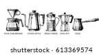 Vector hand drawn illustration set of coffee preparation. Pour over brewer, coffee kettle, french press, moka pot and cezve.