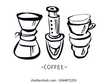 Vector hand drawn illustration set of coffee preparation. Brush pen illustration. Pourover and another alternative methods. Postcard collection.