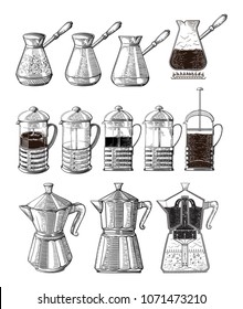 Vector hand drawn illustration set of coffee preparation. Pour over brewer coffee kettle french press moka pot and cezve.