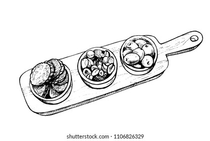 Vector hand drawn illustration set food. European cuisine. Outline sketches design for decoration of restaurants, cafes, menus, bars. A board with bowls full of sausage, nuts, peanuts, snacks, olives 
