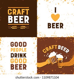 Vector hand drawn illustration. Set with posters for the bar. Typography design. Lettering. Good people drink good beer. I love beer. Craft beer.