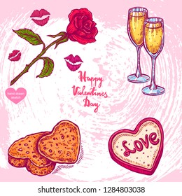 Vector hand drawn illustration of set with cookies, dessert, rose, wineglasses, text Happy Valentines Day on background with abstract paper texture.Valentines dinner food sketch.  Linear vintage art