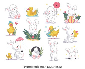 Vector hand drawn illustration set with cute white bunny and yellow little duck isolated on white background. Good for baby shower invitations, birthday cards, stickers, prints, advent calendar etc.