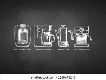 Vector hand drawn illustration set of coffee machines. Single-cup maker, drip coffeemaker,  percolator and espresso machine. illustration on blackboard.