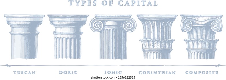 Vector hand drawn illustration set of the five architectural orders engraved. Showing the Tuscan, Doric, Ionic, Corinthian and Composite orders.