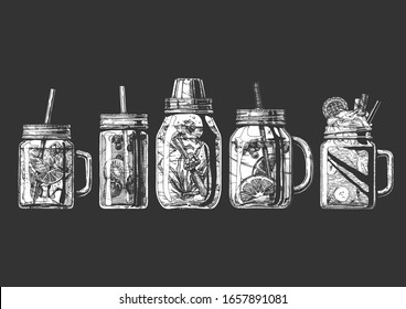 Vector hand drawn illustration set of shaker and cocktails in drinking jar with handle and straw. Isolated on black background.  