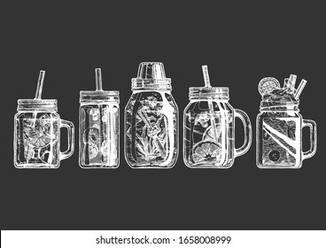 Vector hand drawn illustration set of shaker and cocktails in drinking jar with handle and straw. Isolated on black background.  