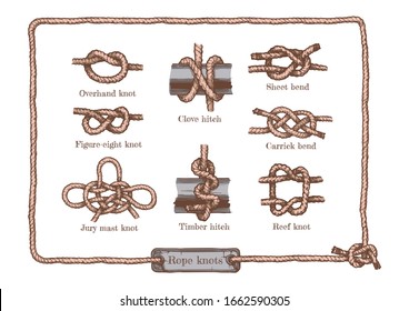 Vector hand drawn illustration set of different rope knots. Figure-eight, jury mast (masthead), reef (square), overhand knot, clove and timber hitchs, sheet and carrick bends.