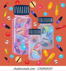 Vektorillustration handgezeichnet Illustration, Set von verschiedenen bunten Tabletten. Behandlung mit Antidepressiva, Schmerzmitteln. Vitamin und Supplementierung. Konzeption für Pharmakologie, Pharmazie, Medizin. 