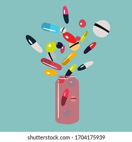 Vector hand drawn illustration, set of various colorful pills. Treatment with antidepressants, painkillers. Vitamin and supplementation. Concept design for pharmacology, pharmacy, medicine. 