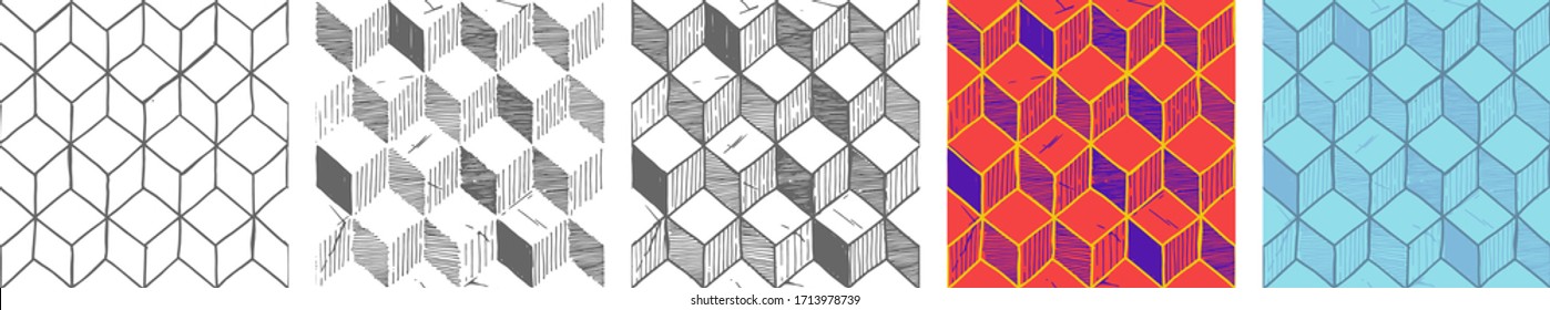 Conjunto de ilustraciones dibujadas a mano de vectores de baldosas rhombille. Patrón sin problemas.
