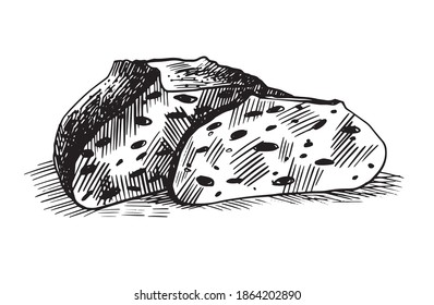 Vektor handgezeichnete Illustration aus verschiedenen Broten Weizenkeim, langen Laib, Pantolaib geschnitten, Baguette und Boule. Schwarz-Weiß, einzeln auf Weiß.