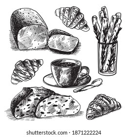 Vector hand drawn illustration set of different breads: wheat germ, long loaf, pan loaf sliced , croissant and boule. Black and white, isolated on white.