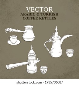 Vector hand drawn illustration set of coffee kettle. Arabic and Turkish coffee preparation.