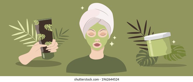 vector hand drawn illustration - set on the theme of cosmetics, skin care. girl with masks on her face, tubes with cosmetics, palm leaves. trend illustration in flat style.
