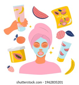 vector hand drawn illustration - set on the theme of cosmetics, skin care. girl with masks on her face, tubes with cosmetics, fruits. cosmetics with fruit acids.  trend illustration in flat style.