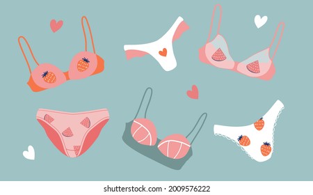 ilustración de vector dibujada a mano - un conjunto de adorables artículos de lencería, sostenes y bragas. ilustración de tendencia en estilo plano