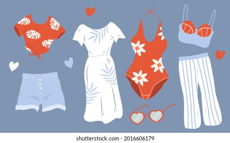 vector hand drawn illustration. a set of summer clothing items - shorts, a top, a dress, a swimsuit, sunglasses. trend illustration in flat style