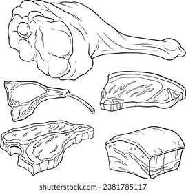 Vector hand drawn Illustration with set meat products. line vector set