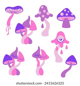 Vector hand drawn illustration. Set of psychedelic mushrooms in a flat cartoon style