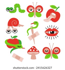 Vector hand drawn illustration. Set of psychedelic insects in a flat cartoon style