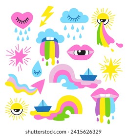 Vector hand drawn illustration. Set of psychedelic weather elements in a flat cartoon style