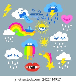 Vector hand drawn illustration. Set of weather elements in a flat cartoon style