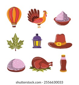 Vector Hand Drawn Illustration Set of Thanksgiving Elements for Seasonal Designs