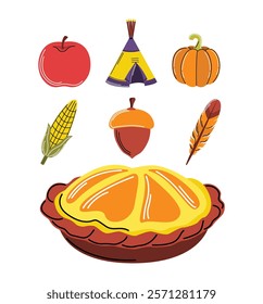 Vector Hand Drawn Illustration Set of Thanksgiving Elements for Seasonal Designs.