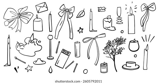 Vector hand drawn illustration set. Candles and bows illustrations. Outline elements isolated on white background. 