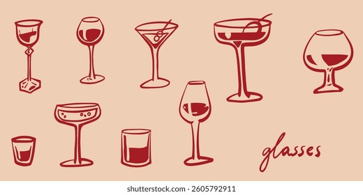 Vector hand drawn illustration set. Wine and cocktail glasses outline illustration. Elements isolated on color background. 