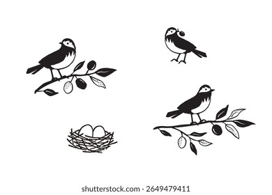Conjunto de ilustração desenhado à mão do vetor, pequeno pássaro e ramo de oliveira, ninho de pássaro com ovos.