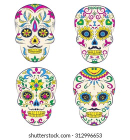 Vector hand drawn illustration set of colorful ornamental skull with mustache for day of dead.