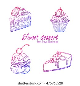 Vector hand drawn illustration of set of pretty tasty and cute cakes. Delicious desserts.