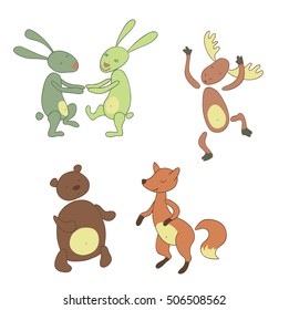 Vector Hand Drawn Illustration. Set Of Cute Dancing Animals.